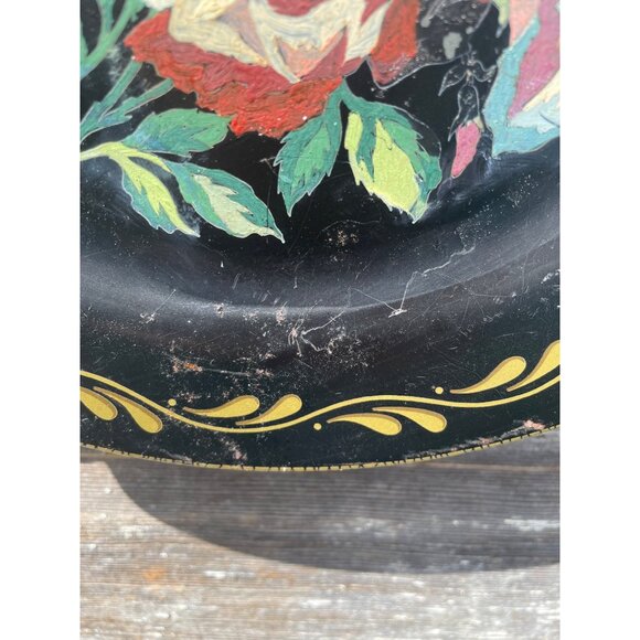 Antique 1930s Metal Toleware Hand Painted wall Plate Roses Flowers - Picture 16 of 16